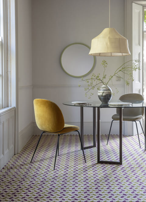 Alternative Flooring, Trend Watch Inspiration, Autumn 2024, Quirky Ribbon Magenta patterned carpet designed by Margo Selby