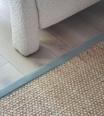Alternative Flooring, Trend Watch Inspiration, Summer 2024, Bespoke Jute Panama Flapjack rug with Cotton Pea Green border
